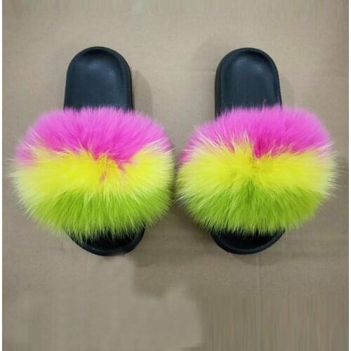 2019 Womens fur slippers real raccoon Furry Fox slipper fur slides Cute Ladies Cute Plush Sandals Flat Fluffy Shoes for Women