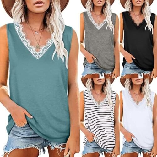 Womens Trendy Basic Tank Tops Summer Lace V Neck Sleeveless Shirts for Women Loose Plus Size Vest