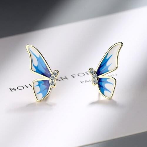 Dreamhonor Enamel Color Spreading Wings Butterfly Gradient Blue Classical 925 Sterling Silver Stud Earrings Jewelry Accessories