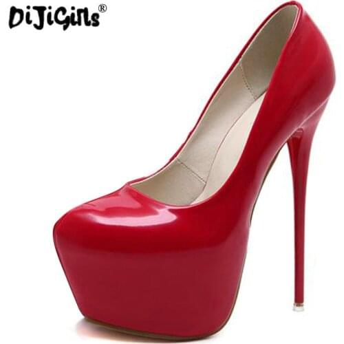 DIJIGIRLS 2018 Fashion Ultra High Heels Women Shoes Patent Leather Platform Heels Slip-On Round Toe Sexy Wedding Nightclub Party