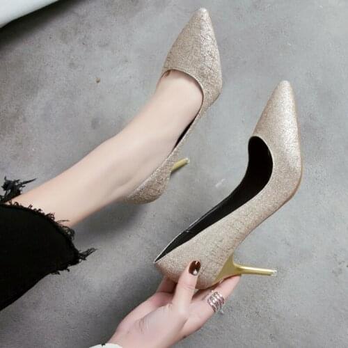 Women Pumps Ladies Sexy Party Wedding Sequins Pointed Toe Shoes Golden Gold Heel Square Woman Luxury Bling High Heels U14-48
