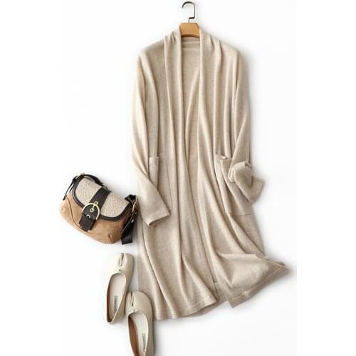 High-end 100% cashmere open cardigan long women knitted fashion winter outerwear pocket oversized v neck thick sweater coat