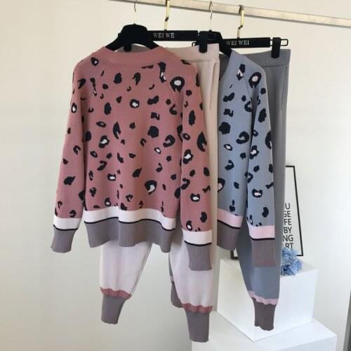 Fashion Leopard Printed 2 Pieces Sets Women Knitted Long Sleeve V Neck Pullovers and Carrot Jogging Pants Suit Outwear Femme