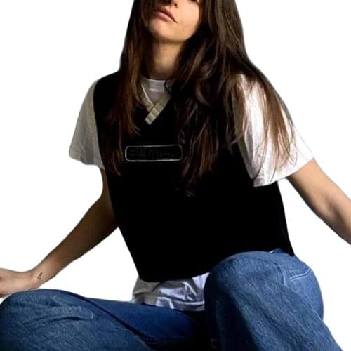 Hirigin New Women V Neck Knitting Sweater Vest Casual Sleeveless Letter Pattern Loose Knit Versatile Tank Tops