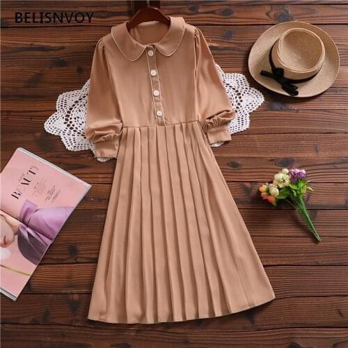 Womens Dress Autumn Pleated Fashion Solid Elegant Temperament Office Female Dresses Peter Pan Collar Chic Sweet Vestidos