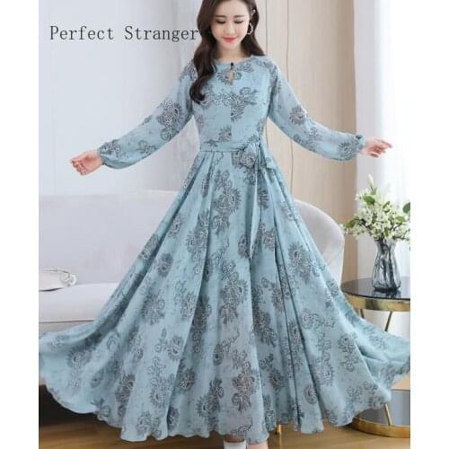 2020 Autumn New Arrival Round Collar Flower Printed Long Sleeve Women Chiffon Long Dress High Quality S-3XL