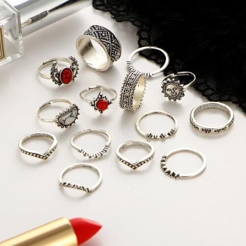 14 pcs/lot Antique Silver Color Moon Sun Ring Sets Women Carved Flower Red Stone White Beads Midi Finger Knuckle Rings Jewelry