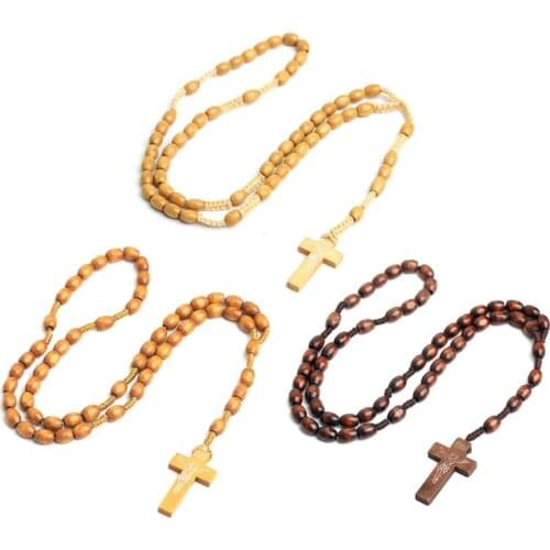 28EB Wooden Beads Cross Pendant Rosary Necklace Catholic Christian Religious Jesus Necklaces Men Women Jewelry Charm Gift