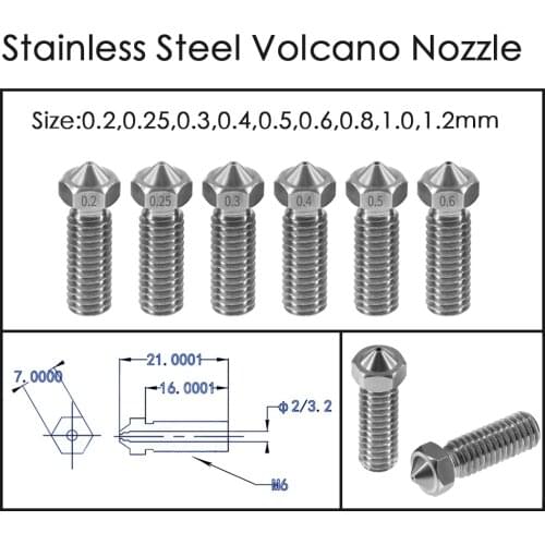 All-Metal Volcano Stainless Steel Nozzles For 3D Printer 0.2mm-1.2mm For 1.75mm Lengthen M6 Nozzles for Sidewinder X1