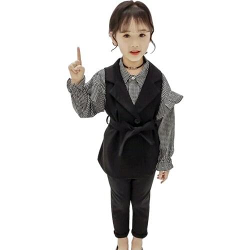 Kids Clothes Plaid Blouse + Vest + Pants Girl Clothes Casual Style Girls Clothing Sets Spring Autumn Kid Clothes