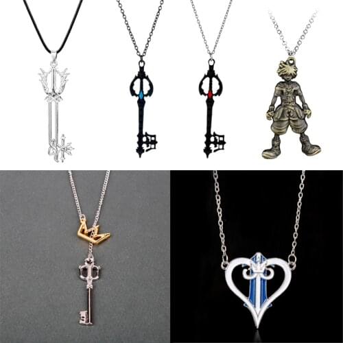 Hot Game Jewelry Kingdom Hearts Sora Key Keyblade Crown Heart Choker Necklace Handmade Costume Key Charm Pendant Chain Necklaces
