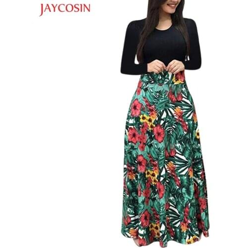 JAYCOSIN XL Fashion Women Dresses O-Neck Long Sleeve Floral Print Long Maxi Dress Ladies Casual Fit and Flare Empire Dress z1218