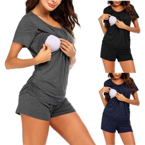 Summer Women Maternity Solid Colors Short Sleeve Breastfeeding Pregnancy Nursing T-shirt+Shorts Pajamas Set Home Sleepwear#g4