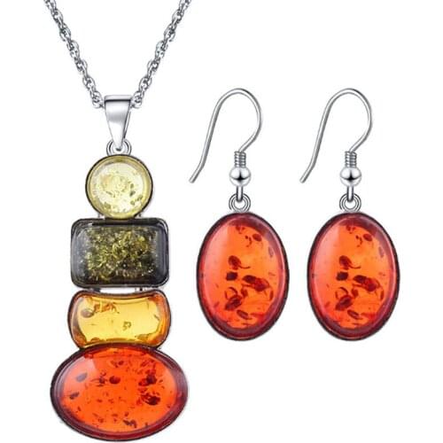 Fashion Womens Silver Plated Amber Party Necklace Earrings Jewelry Sets Gift Stainless Steel Chain Jewelry