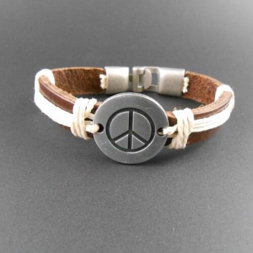 New fashion hemp rope genuine leather charm Antiwar world peace bracelet for women men jewelry aliexpresss wholesale