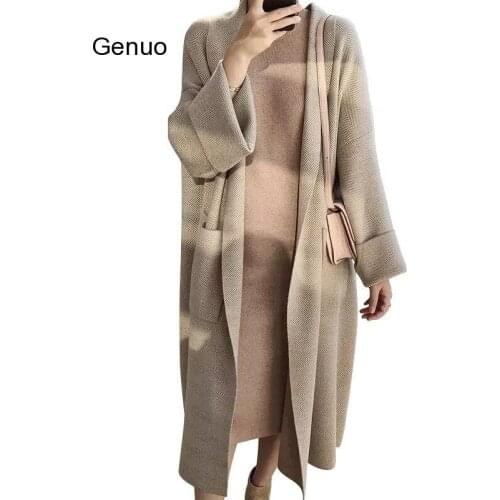 Autumn Winter Women Coats Loose Knit Cardigan Wooden Sweater Female Middle Long Oversized Extra Soft High-end Knit Cardigan