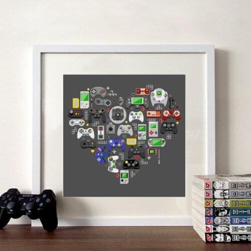 Love Video Games Prints Heart Shape Gaming Devices Illustration Posters Boys Room Wall Art Decor Modern Canvas Painting Pictures