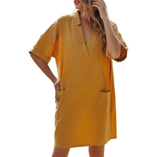 Summer dress women elegant Solid Color V Neck Women Short Sleeve Pockets Sundress Streetwear Womens Clothing Blue xl vestidos