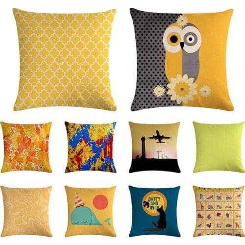 Yellow Pillow Case Cartoon Owl Home Decorative Sunflower Throw Pillow Cover sofa 45x45cm Cotton Linen Flower Cushion Covers