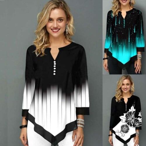 Large Size Casual Loose T-Shirt Nine Quarter Sleeve V-neck Printing Buttons Streetwear Hipster Irregular Hem Ladies T-shirts