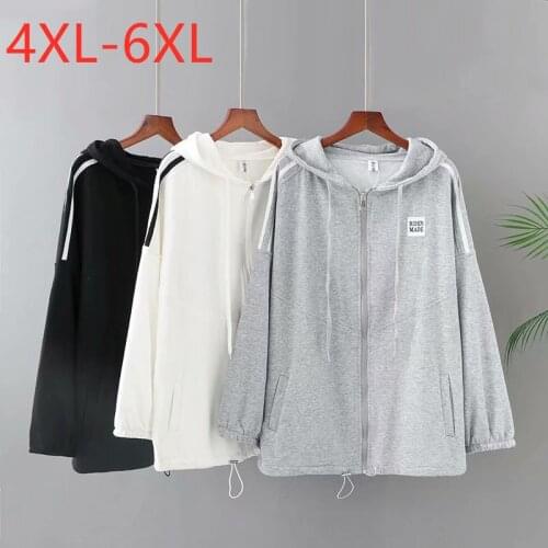 New 2021 Ladies Autumn Winter Plus Size Hoodie Jacket For Women Large Long Sleeve Loose Cotton Gray Zipper Coat 4XL 5XL 6XL