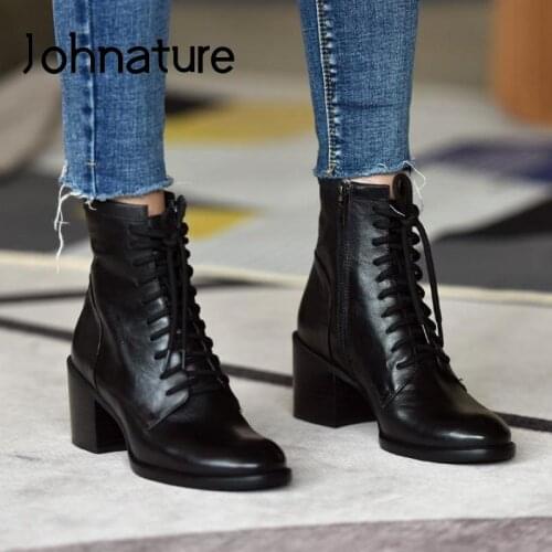 Johnature High Heel Boots 2020 New Genuine Leather Women Shoes Lace-up Round Toe Zipper Handmade Concise Ankle Platform Boots