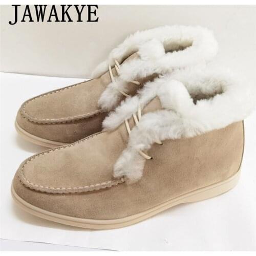 Designer Outdoor Walk Snow Boots for Women Lace Up Fur Collar High Top Casual Flat Boots Comfort Round Toe Wool White Sole Shoes