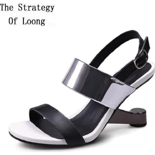 Summer New British Style Fashion Metal Strange High Heels Peep Toe Cut Out Buckle Strap Genuine Leather Women Gladiator Sandals