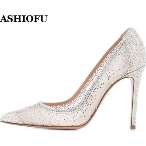 ASHIOFU E601 New Womens High Heels Pumps Hollow Mesh Surface Full-Crystals Party Dress Shoes Pointed-toe Fashion Court Shoes