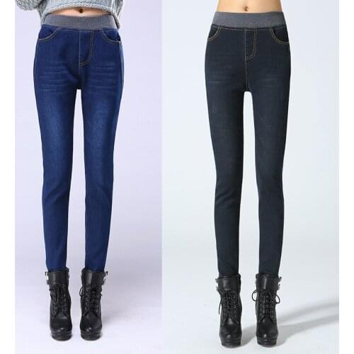 Winter blue skinny thick denim pencil pants women Casual solid colors elastic high waist warm jeans cowboy butt lifting legging