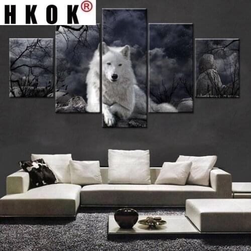 HKOK Abstract Modular 5 Panels Canvas Paintings Posters Prints Animal Wolf Wall Art Pictures Home Decor Living Room Unframed