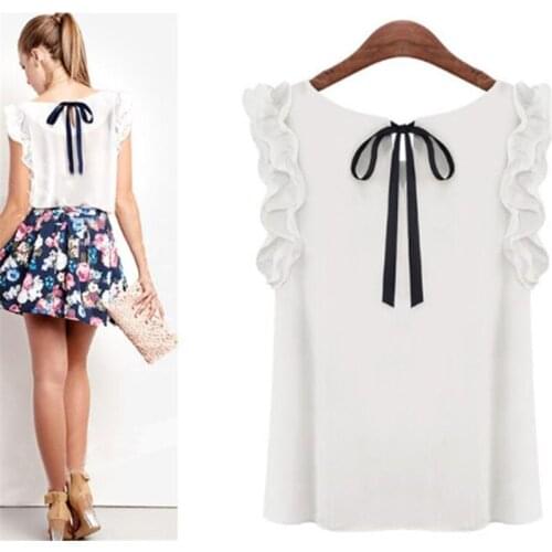Summer 2020 Sexy Chiffon Shirt Womens Elegant Bow Tie Blouse Casual O-Neck Butterfly Sleeveless White Women Blouse Roupas
