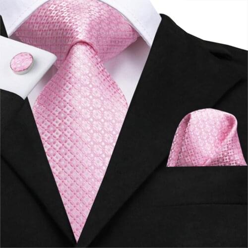 C-3117 Hi-Tie Fashion Silk Men Tie Pink Plaid Necktie Handkerchief Cufflinks Set Fashion Mens Party Wedding Tie Set 8.5cm Wide