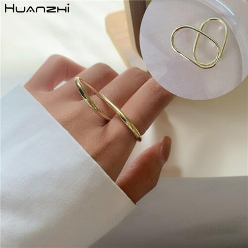 HUANZHI 2020 New Retro Trendy Heart Rhinestones Double Layer Two Finger Metal Rings for Women Girls Jewelry Gifts