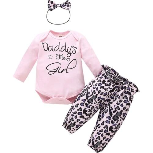2020 Three Piece Baby Girl’s Clothes Letter Print Long Sleeve Bodysuit and Leopard Long Pants with Headband 0-18M Clothing Set