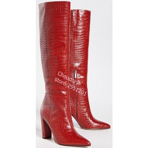 Red Tall Boots Chunky Heel Pointed Toe Zipper Runway Shoes Python Printing Outfit Womens Winter Shoes