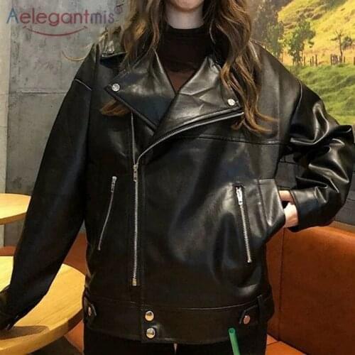 Aelegantmis Korean Black Faux Leather Jacket Women High Street PU Leather Female Jackets Motorcycle Lapel Streetwear Outerwear