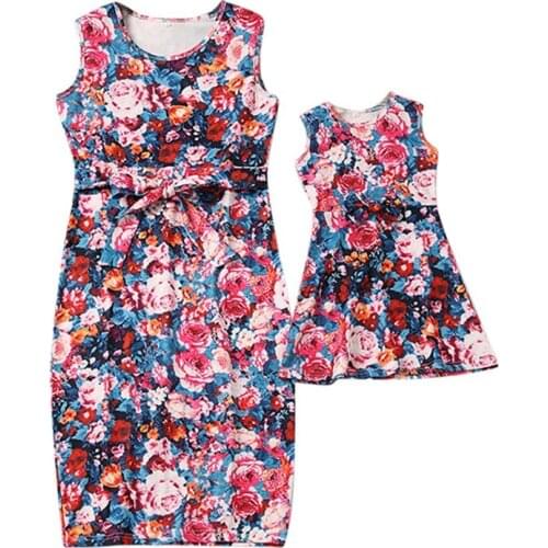Summer Mother Daughter For Mom and Kids Floral Printed SleevelessMatching Family Dresses