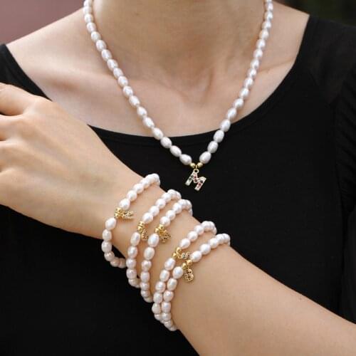 Fashion Letter Charm Pearl Necklace/bracelet 26 pendant Alphabets CZ Strand Stretch Bracelet for Girl/women Couple Jewelry