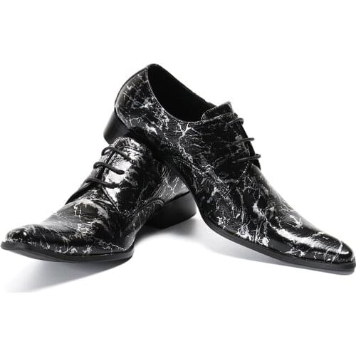 Fashion Party Prom Men Dress Shoes Large Size Print Real Leather Male Oxfords Shoes Lace Up Wedding Business Formal Brogue Shoes