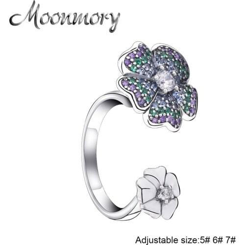 Moonmory Authentic 925 Sterling Silver Glorious Blooms Ring Multi-Colour Cubic Zircon Flower Available Size Adjutable Ring