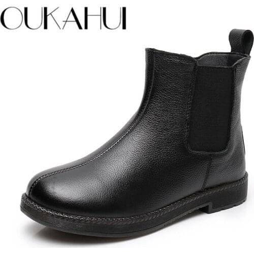 OUKAHUI The New 2021 Autumn Black Genuine Leather Flat Boots For Women Fashion Elastic Band Soft Ladies Winter Warm Short Boots