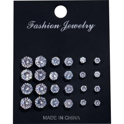 12 Pair White Crystal Zircon Stud Earrings Set for Women Men Studs Earrings Wedding Ear Accessories Jewelry