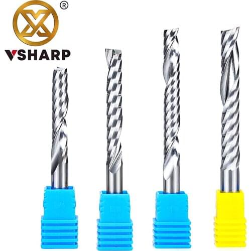 Vsharp 6mm 8mm Shank 1 Flute Spiral CNC Milling Cutter Tungsten Carbide Engraving End Mill Tools Router Bits For Wood PVC