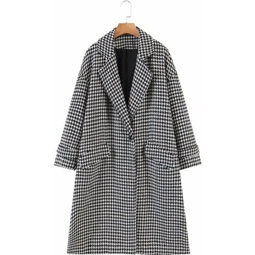 XIKOM 2021 Women Fashion Houndstooth Plaid Coat Vintage Female Single Button Long Sleeve Ladies Streetwear Casual Long Overcoat
