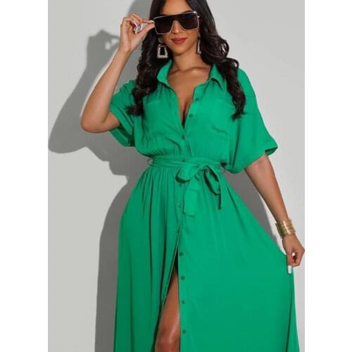 Green Long Shirt Dress African Dresses for Women 2021 Autumn Sexy Button Maxi Dress African Clothes Dashiki Robe Africaine Femme