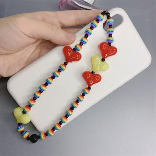 Mobile Phone Lanyard Chain Anti-lost Fashion Color Acrylic Rainbow Beads Wrist Chain DIY Resin Love Heart Bracelet for Women