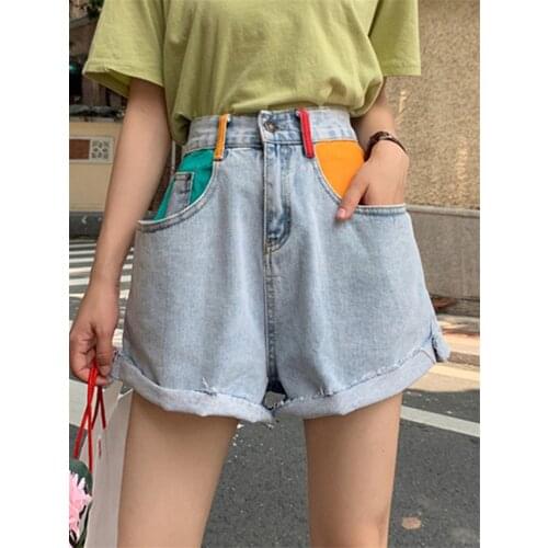 2021 Hot Sale Womens Shorts Summer High Waisted Denim Shorts Jeans Women Short New Femme Khaki Wide Leg Colorful Pockets Y2055