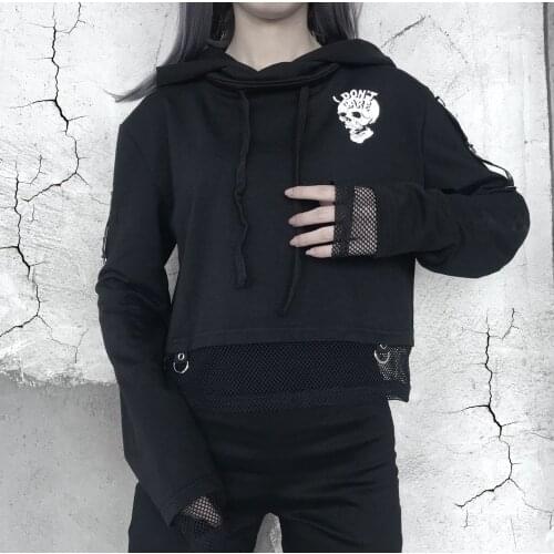 Gothic Style Womens Hoodies Halloween Costumes Drawstring Hoodies Skull Print Long Sleeve Fishnet Patchwork Womens Sweatshirts