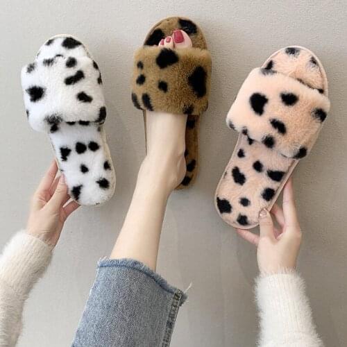 Womens Autumn And Winter Hairy Slippers Korean Fashion Indoor Flat Bottom Leopard Print Warm Cotton Slipper Women Floor Shoes